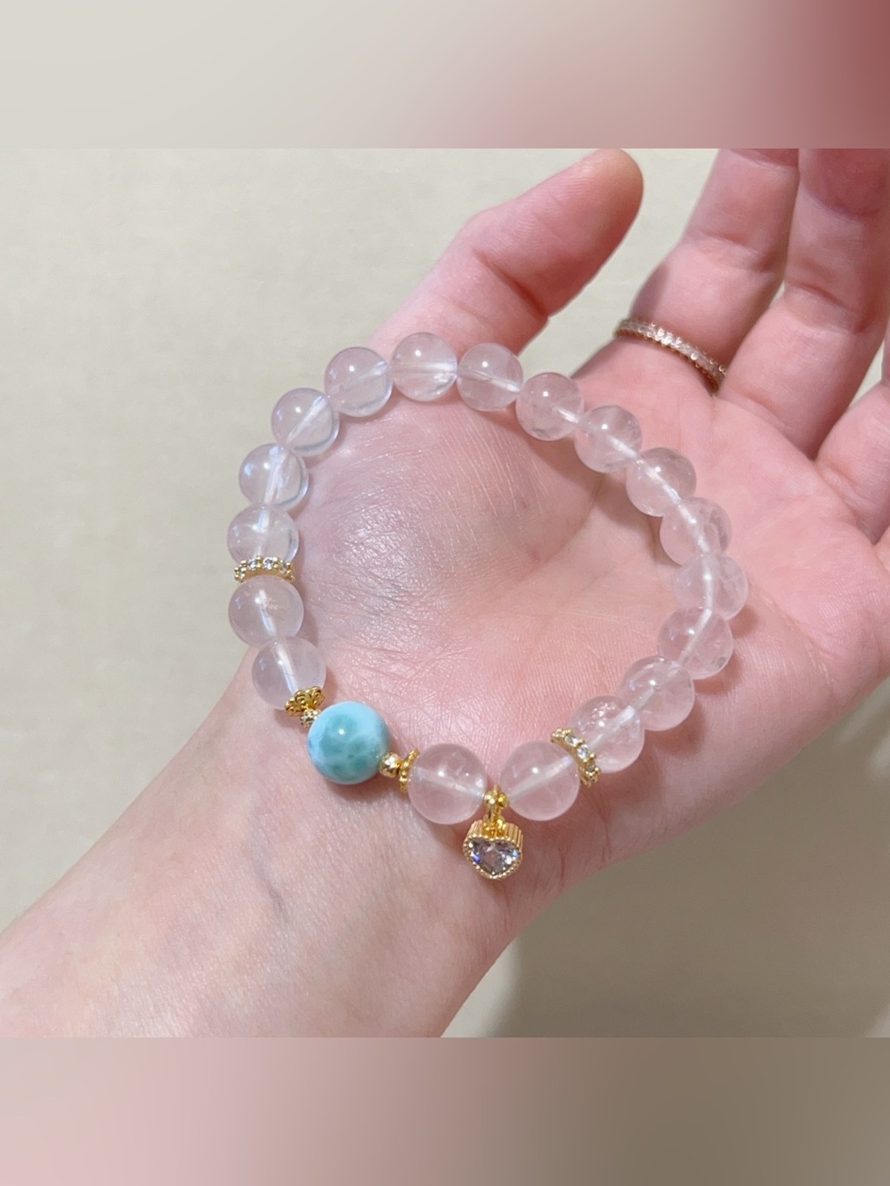 Handmade Natural Larimar & Star Rose Quartz Bracelet | 9.5mm - Picture 6 of 11